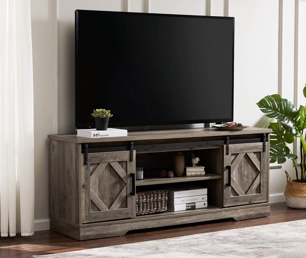 Farmhouse Barn Door TV Stand up to 65 Inch with Storage Shelf and Cabinet H53074