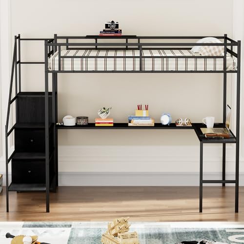 Black Full Size Loft Bed with L-Shaped Desk and Stairs H314556