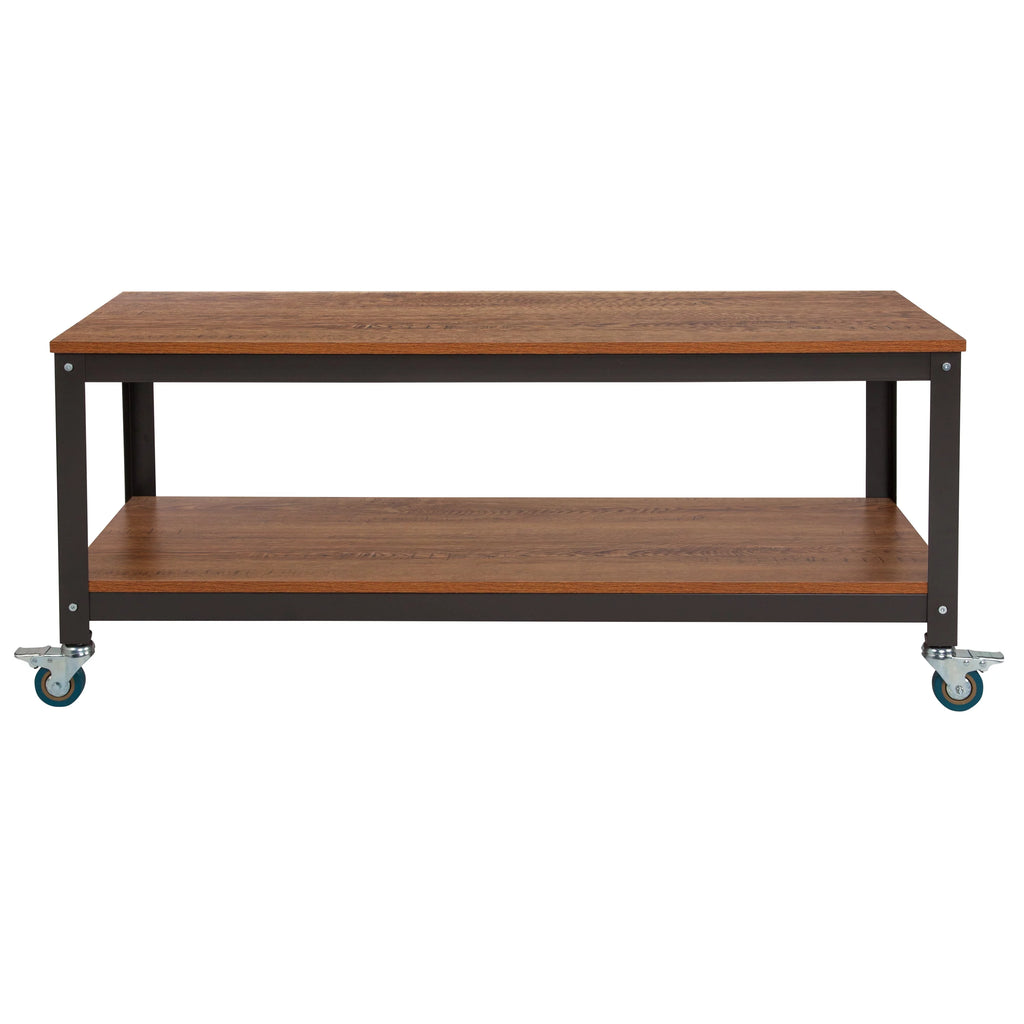 Brown Oak Wood Grain TV Stand with Metal Wheels Q470