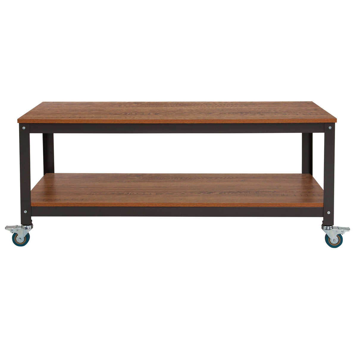 Brown Oak Wood Grain TV Stand with Metal Wheels Q470