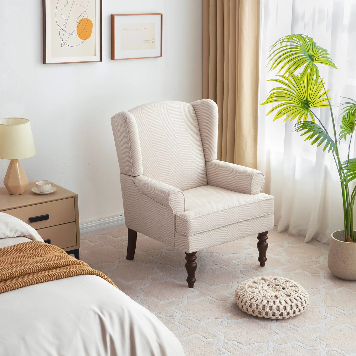 Tan Twill Upholstered Wingback Accent Chair with Solid Wood Legs I8951