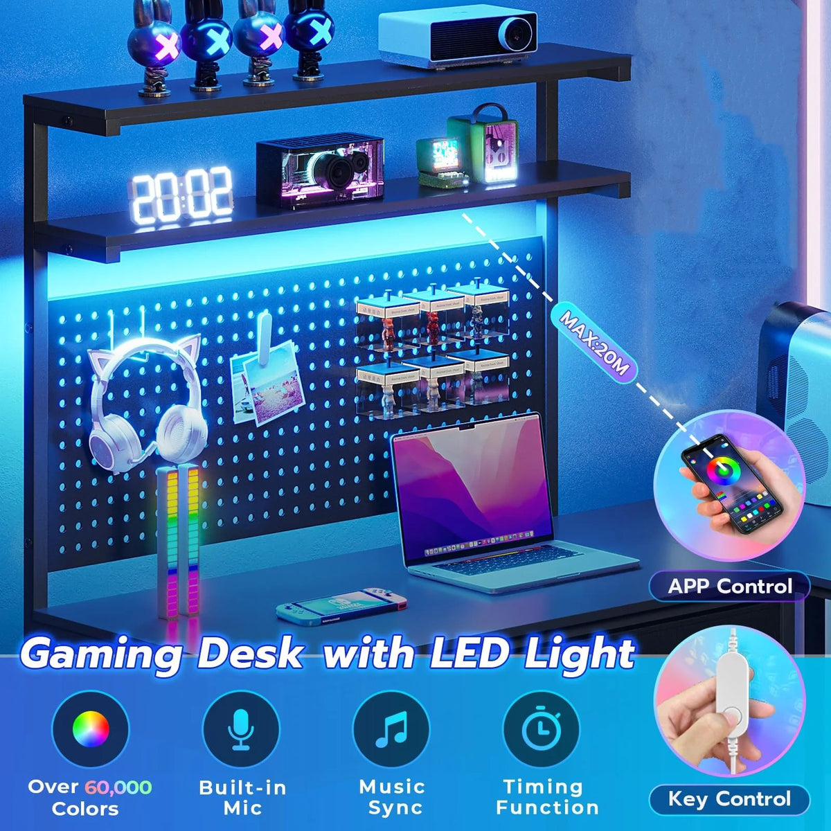 Black L Shaped Desk with LED Lights and Storage Shelves P573
