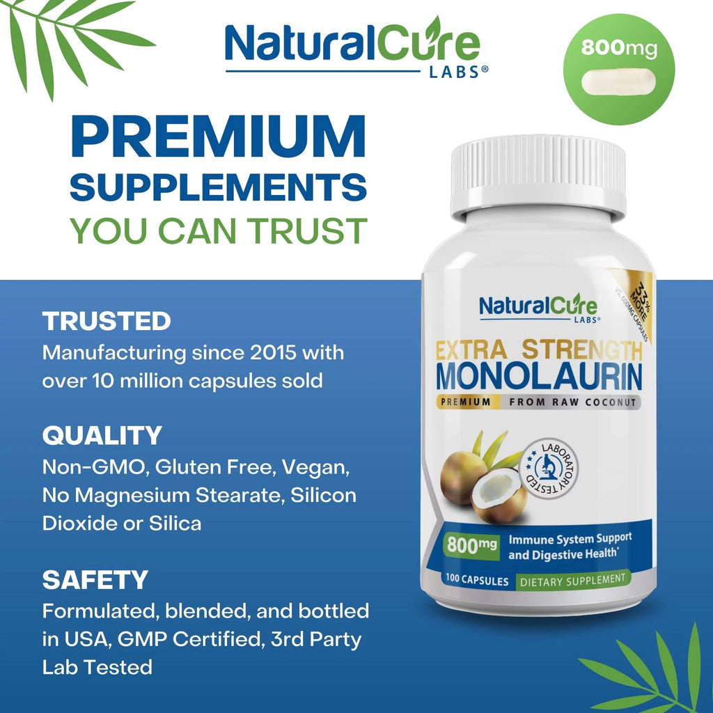 800mg Monolaurin Capsules 100 Count Vegan Non-GMO Gluten Free Supplement T812