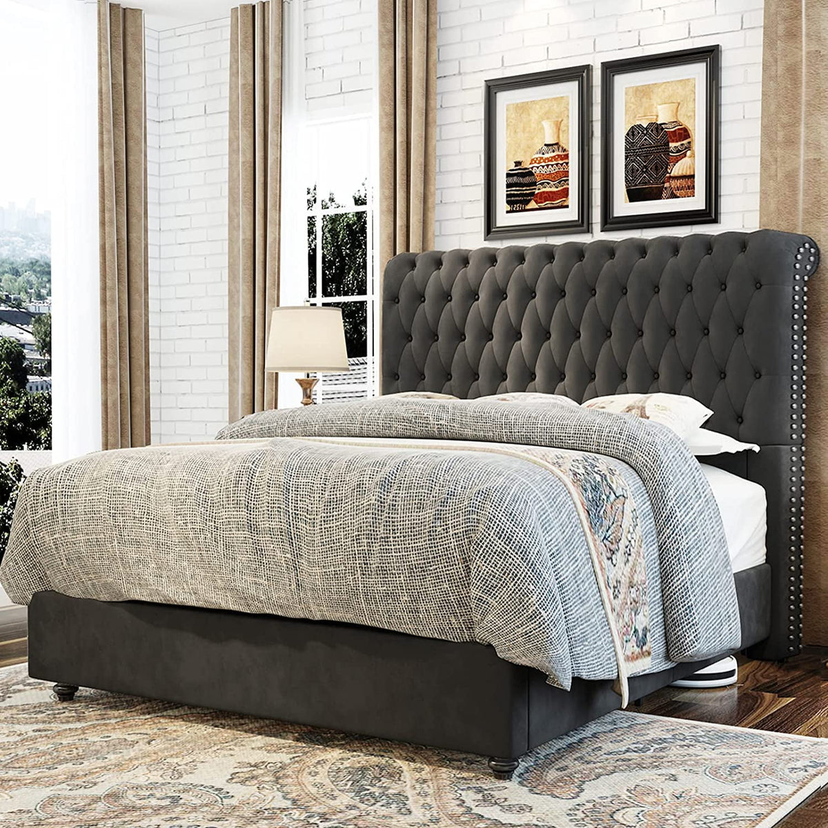 King Size Velvet Upholstered Platform Bed Frame V3443