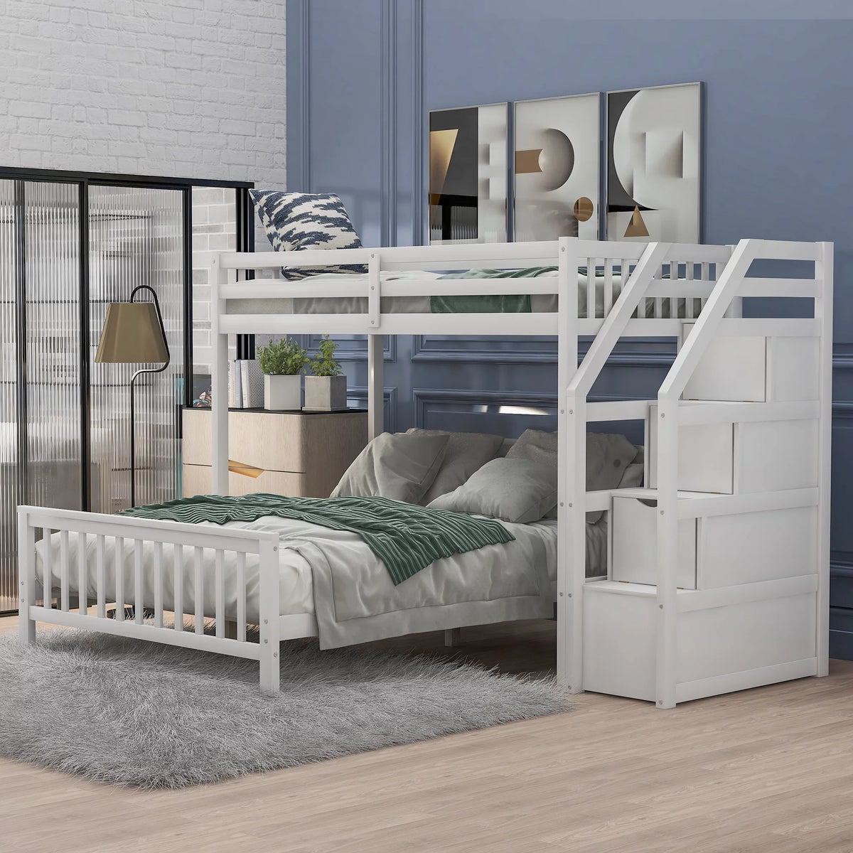 Wood Twin Loft Bed with Full Platform Bed and Drawers C75897