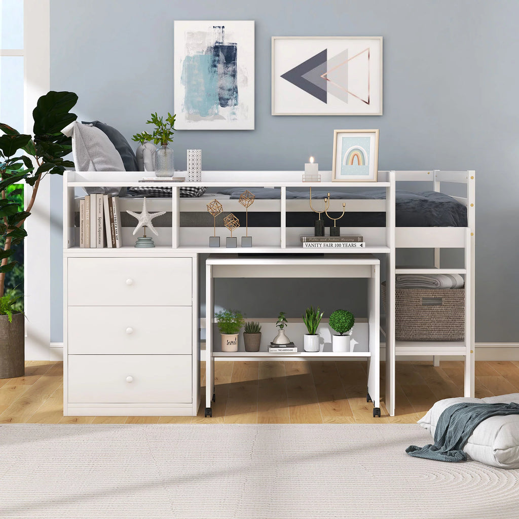 White Wood Full Size Low Loft Bed Frame with 3 Storage Drawers V442121