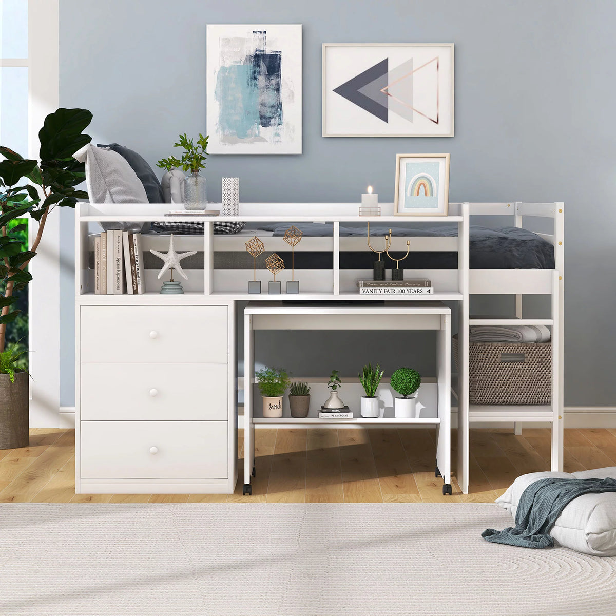White Wood Full Size Low Loft Bed Frame with 3 Storage Drawers V442121