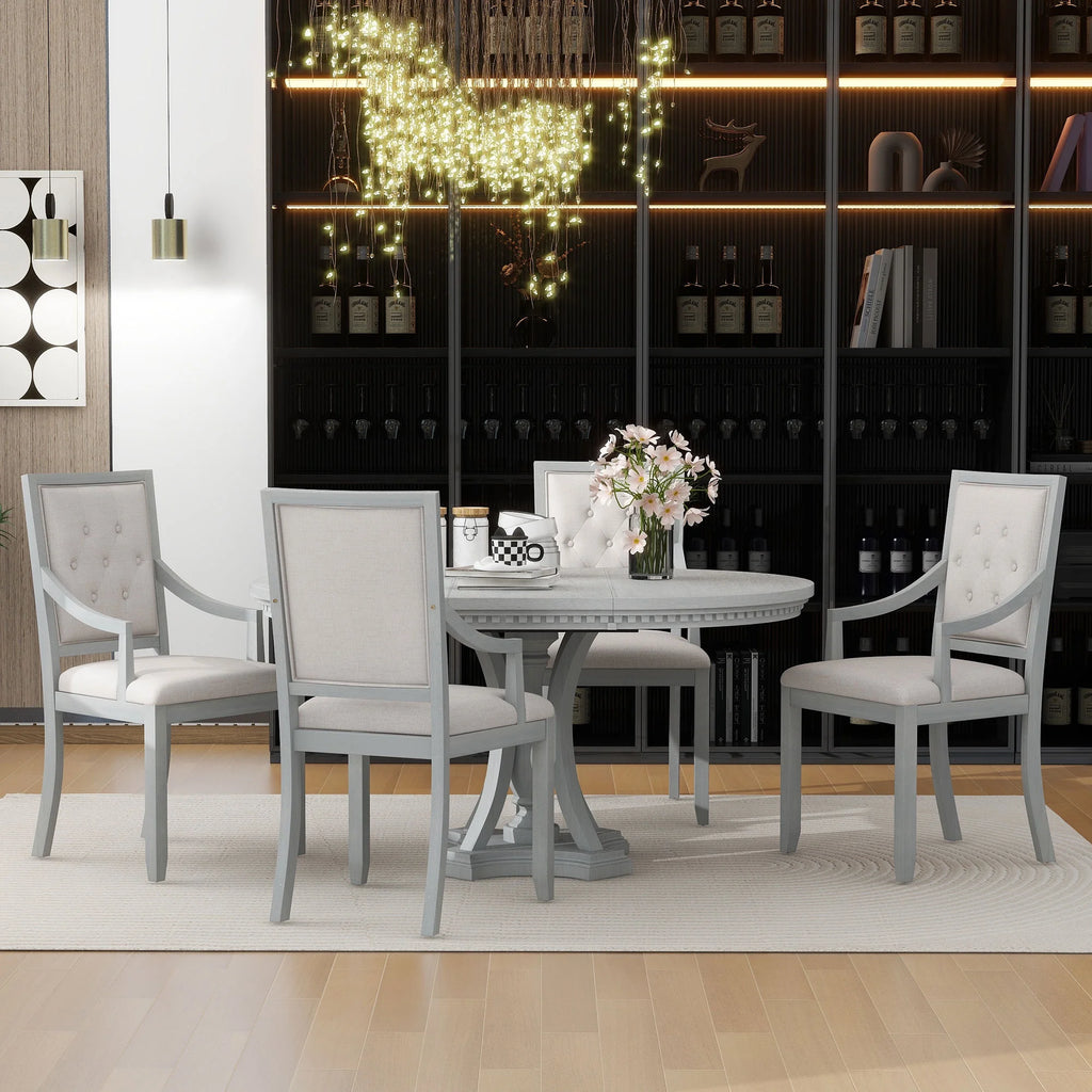 5 Piece Gray Wood Round Dining Table Set with 4 Upholstered Chairs X9355