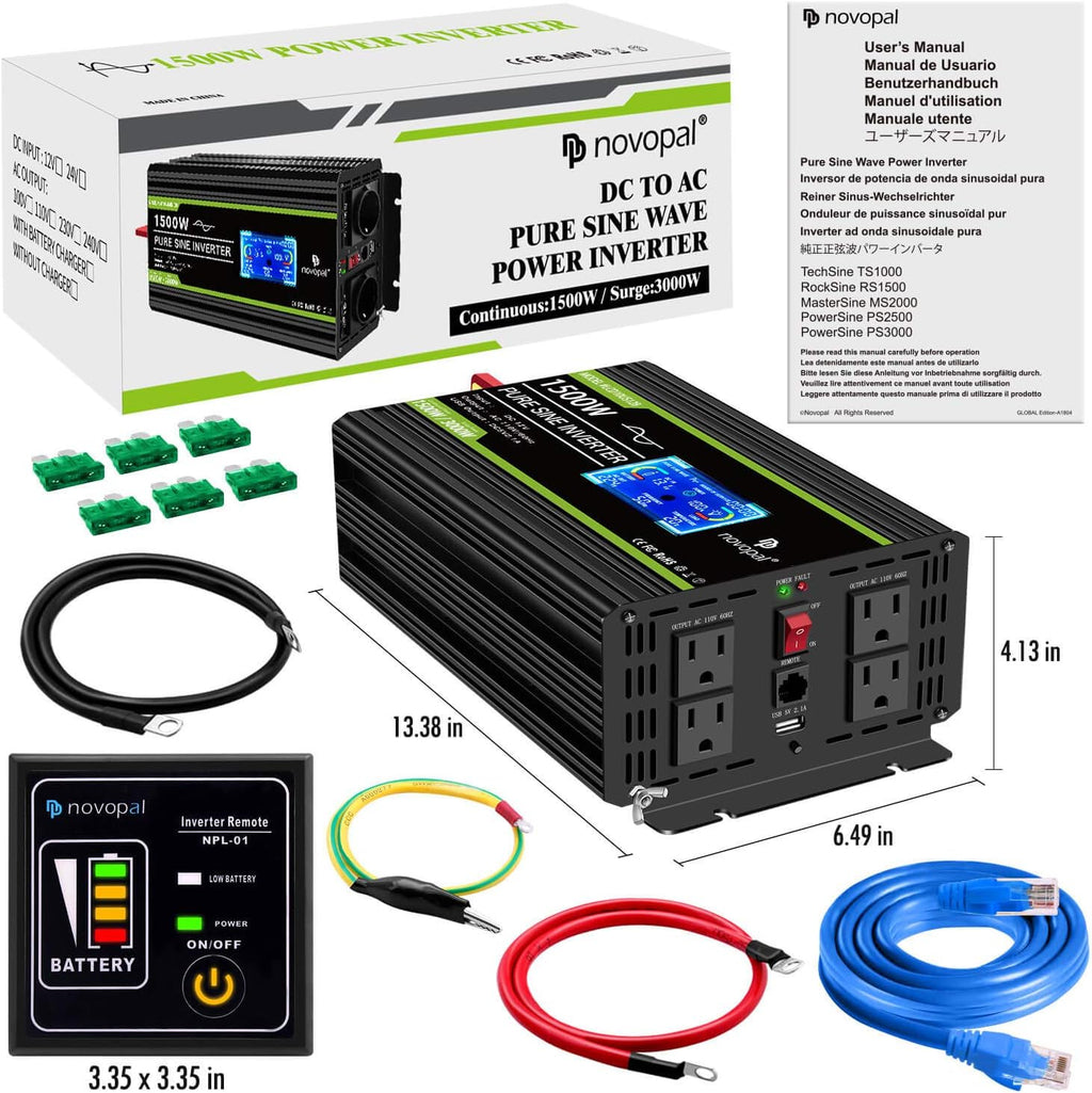 1500 watt Pure Sine Wave Power Inverter 12V to 110V/120V 4 AC Outlets B492813
