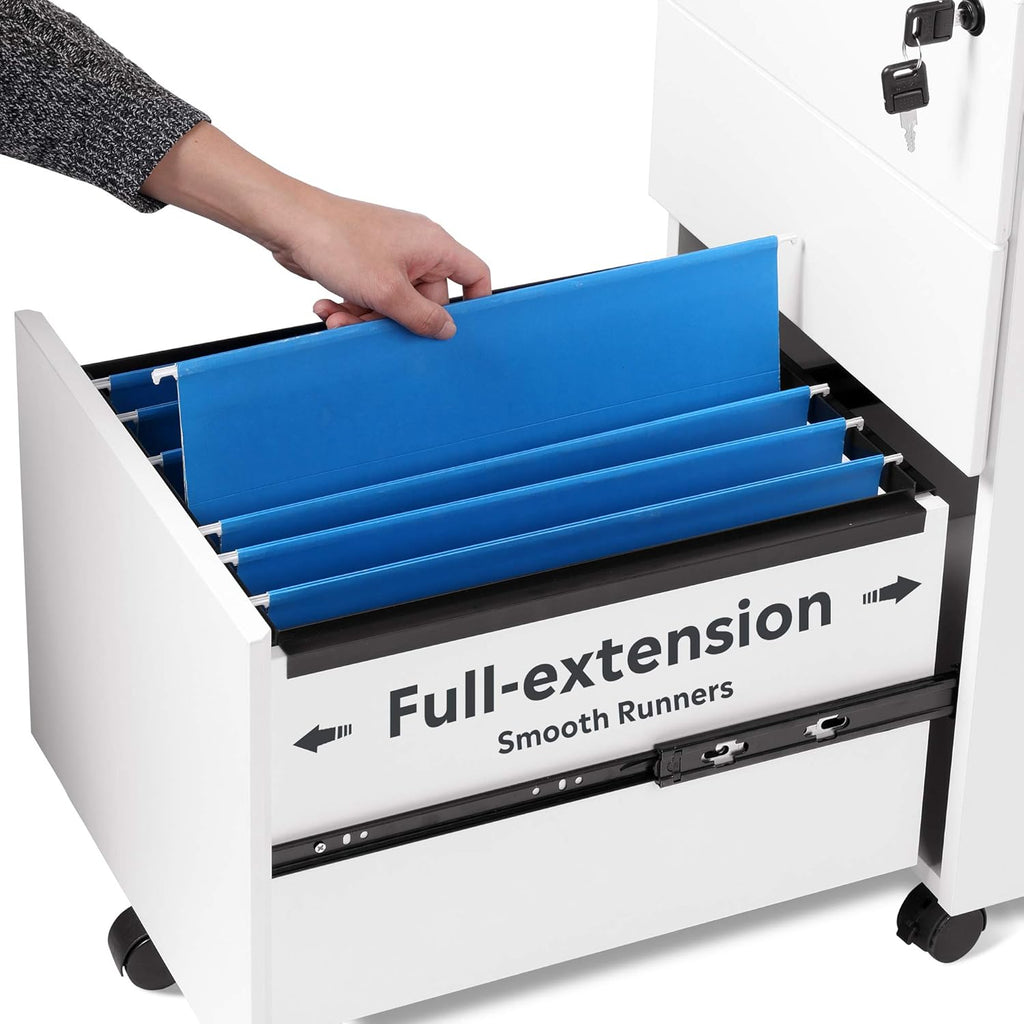 White 3 Drawer Wood Rolling File Cabinet with Lock X97905