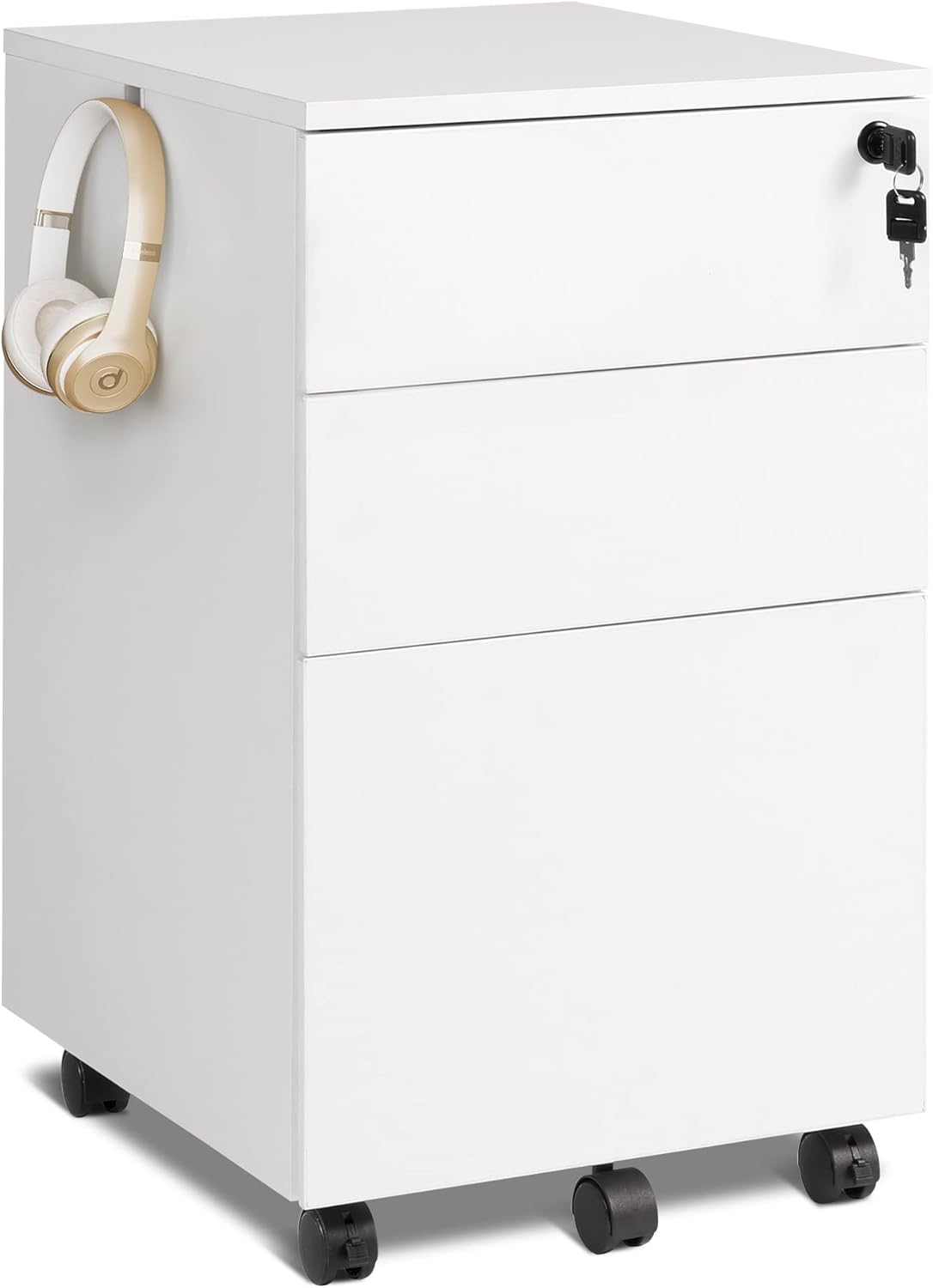 White 3 Drawer Wood Rolling File Cabinet with Lock X97905