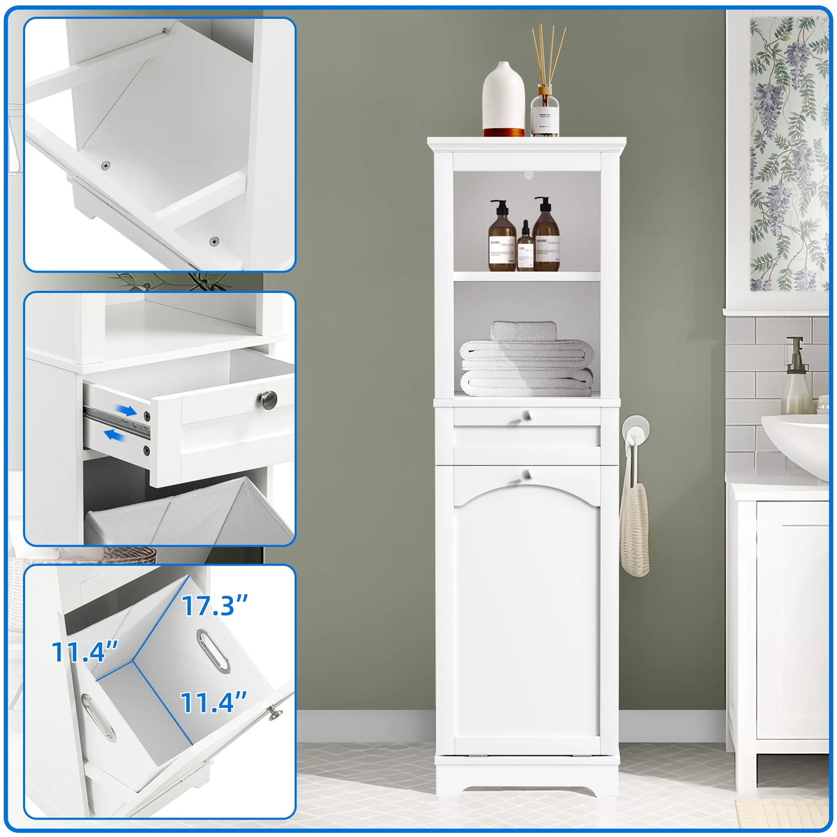 White Tilt Out Laundry Cabinet with Basket C1465