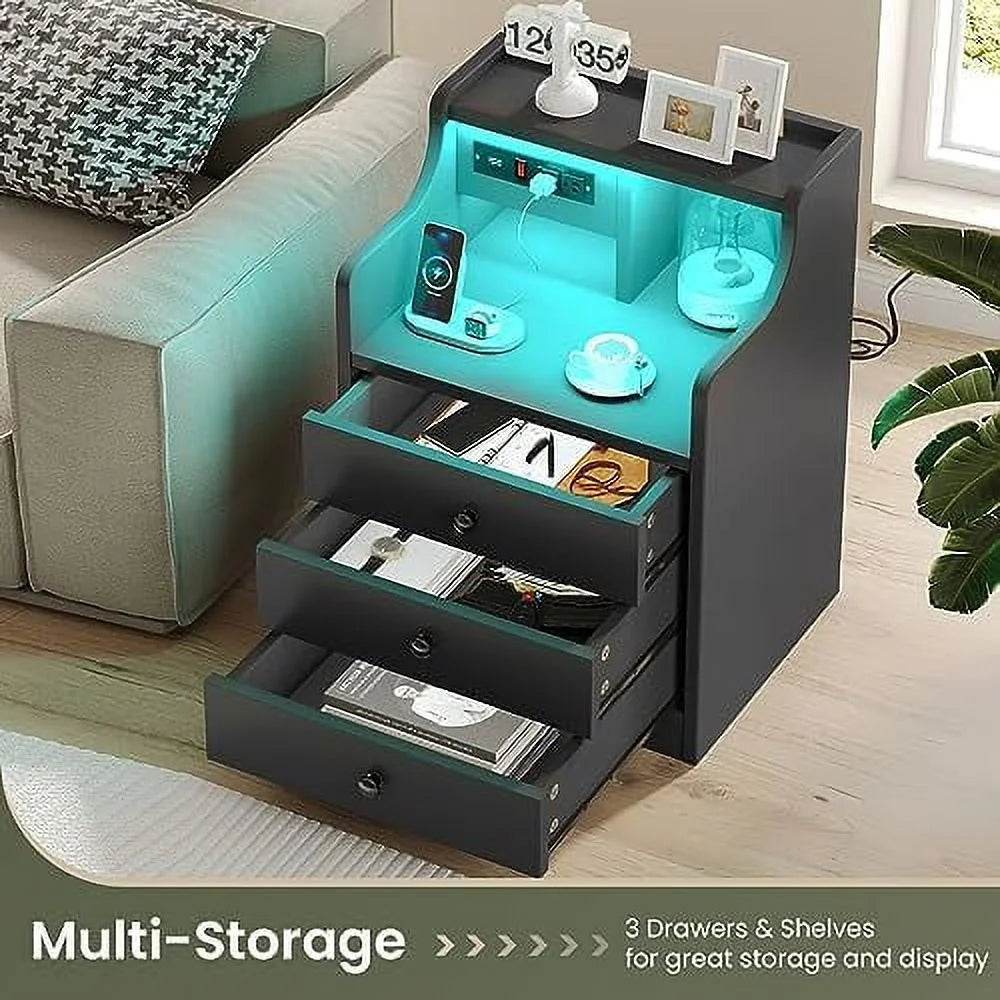 Grey Nightstand with Charging Station and 3 Drawers N476614