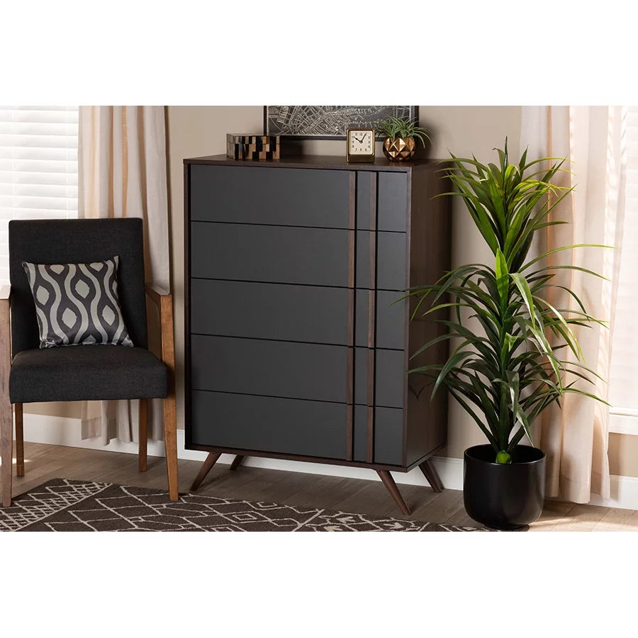 Grey and Walnut Wood 5-Drawer Bedroom Chest Q208653