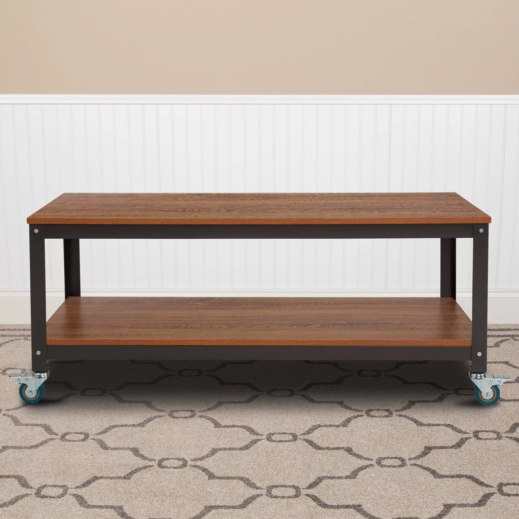 Brown Oak Wood Grain TV Stand with Metal Wheels Q470