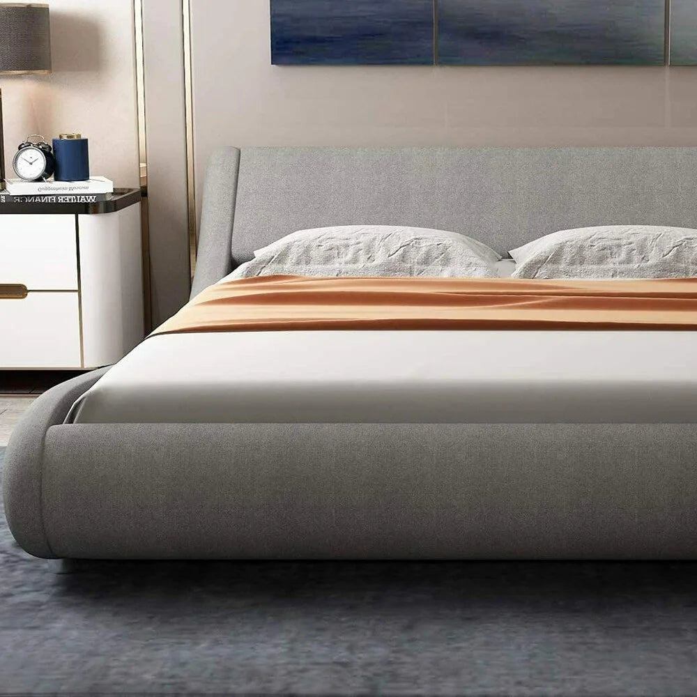 Queen Size Bed Frame with Curved Adjustable Headboard Grey J806257