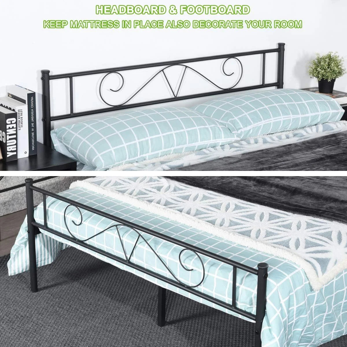 Queen Size Metal Platform Bed Frame with Headboard D93964