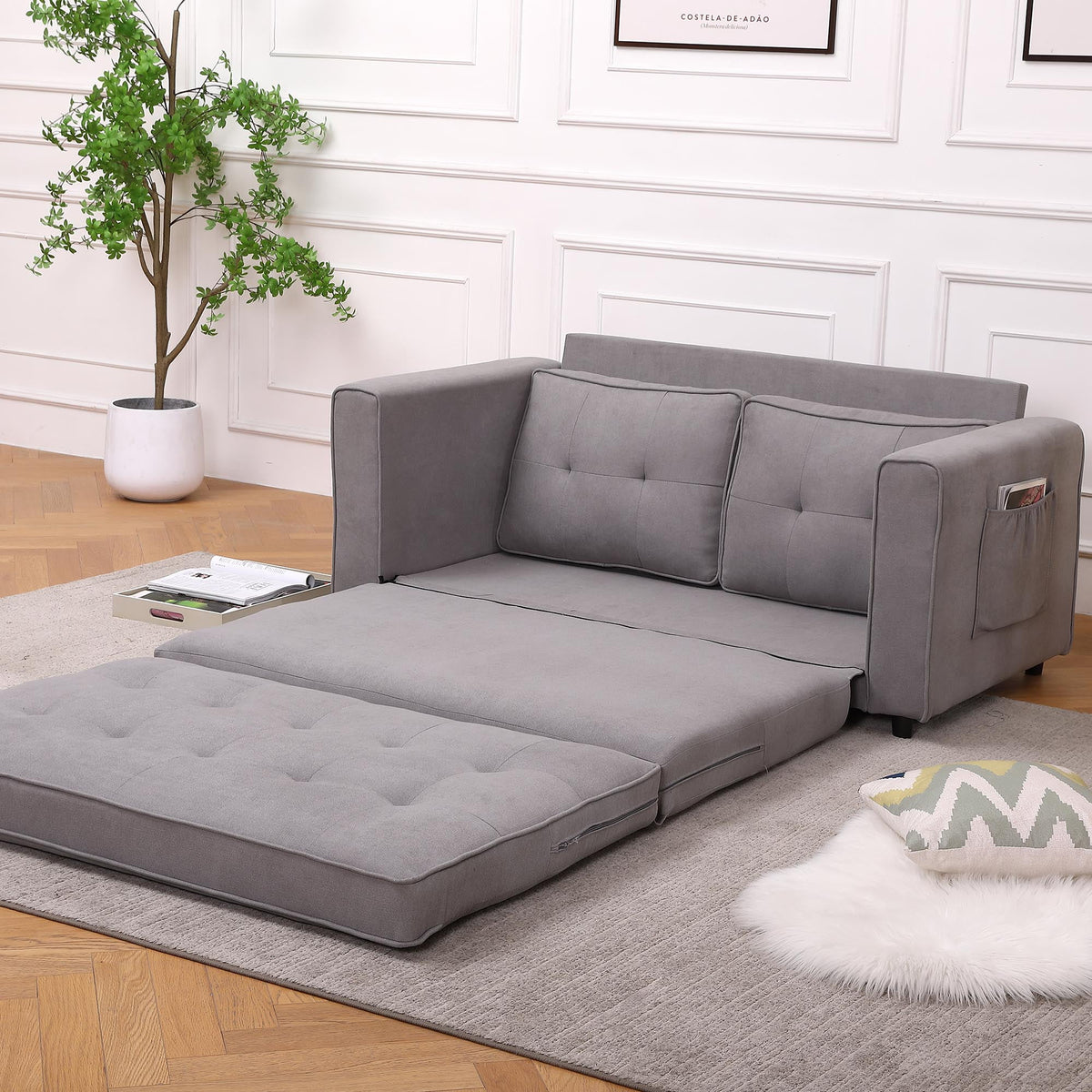 Upholstered Convertible Futon Sofa Bed with Side Pockets B829