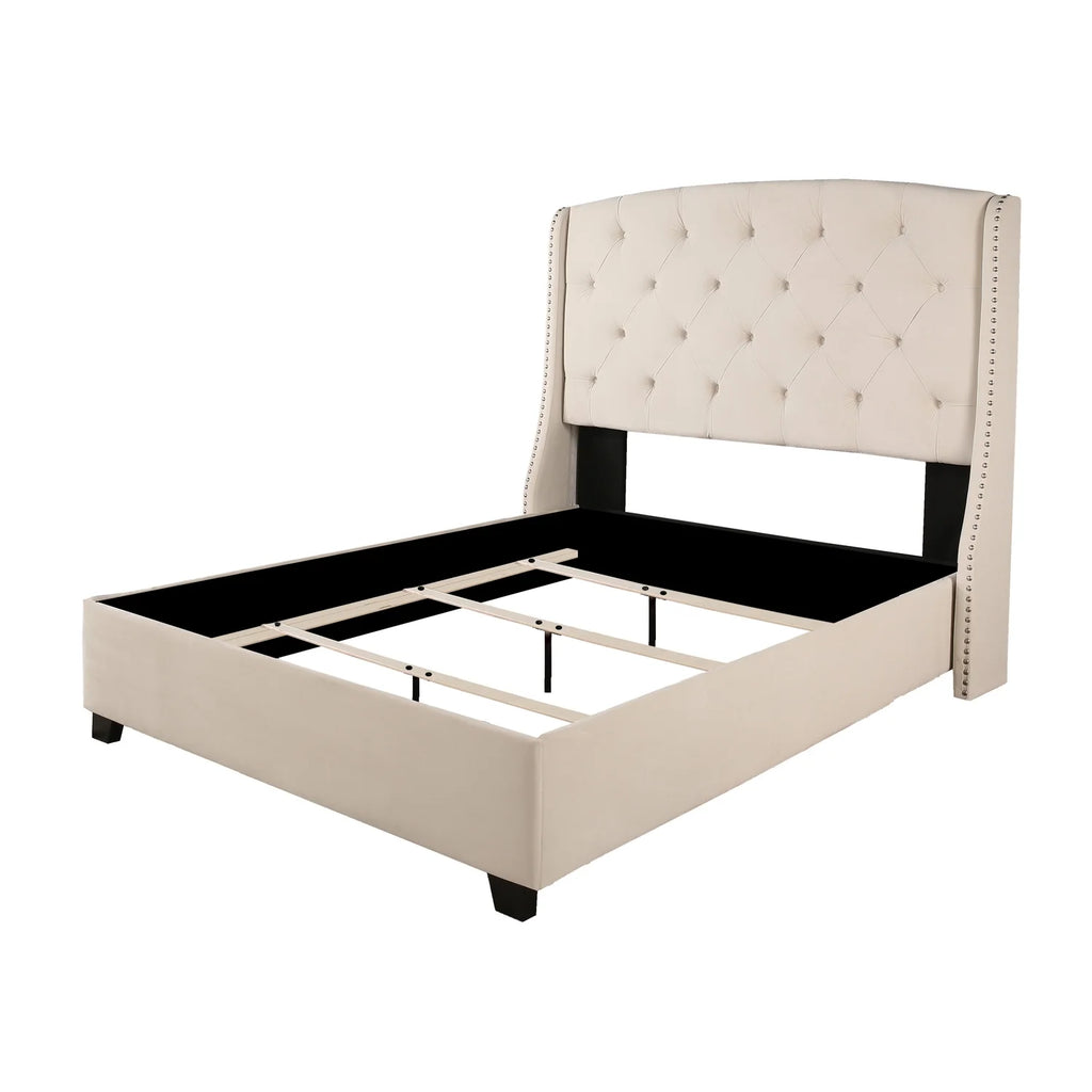 Upholstered King Bed with Nailhead Trim Off White Ivory Fabric W50759