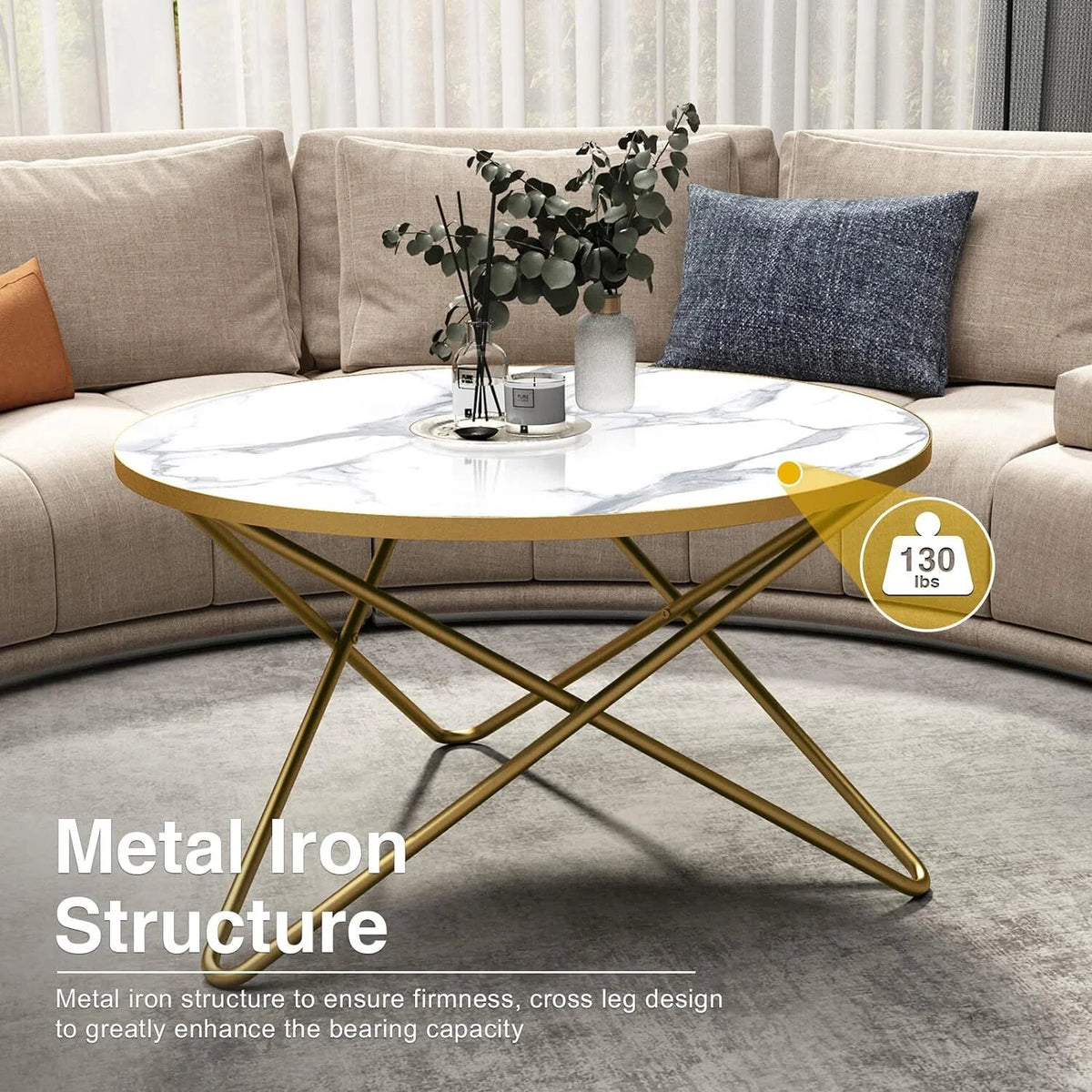 Round Coffee Table with White Faux Marble Top J570