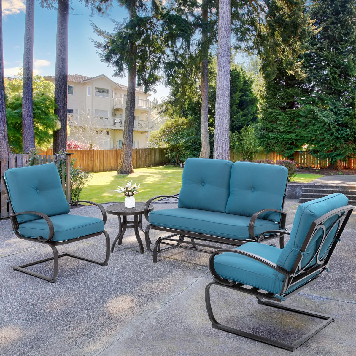 4 Pieces Outdoor Metal Patio Furniture Set with Coffee Table Blue J927