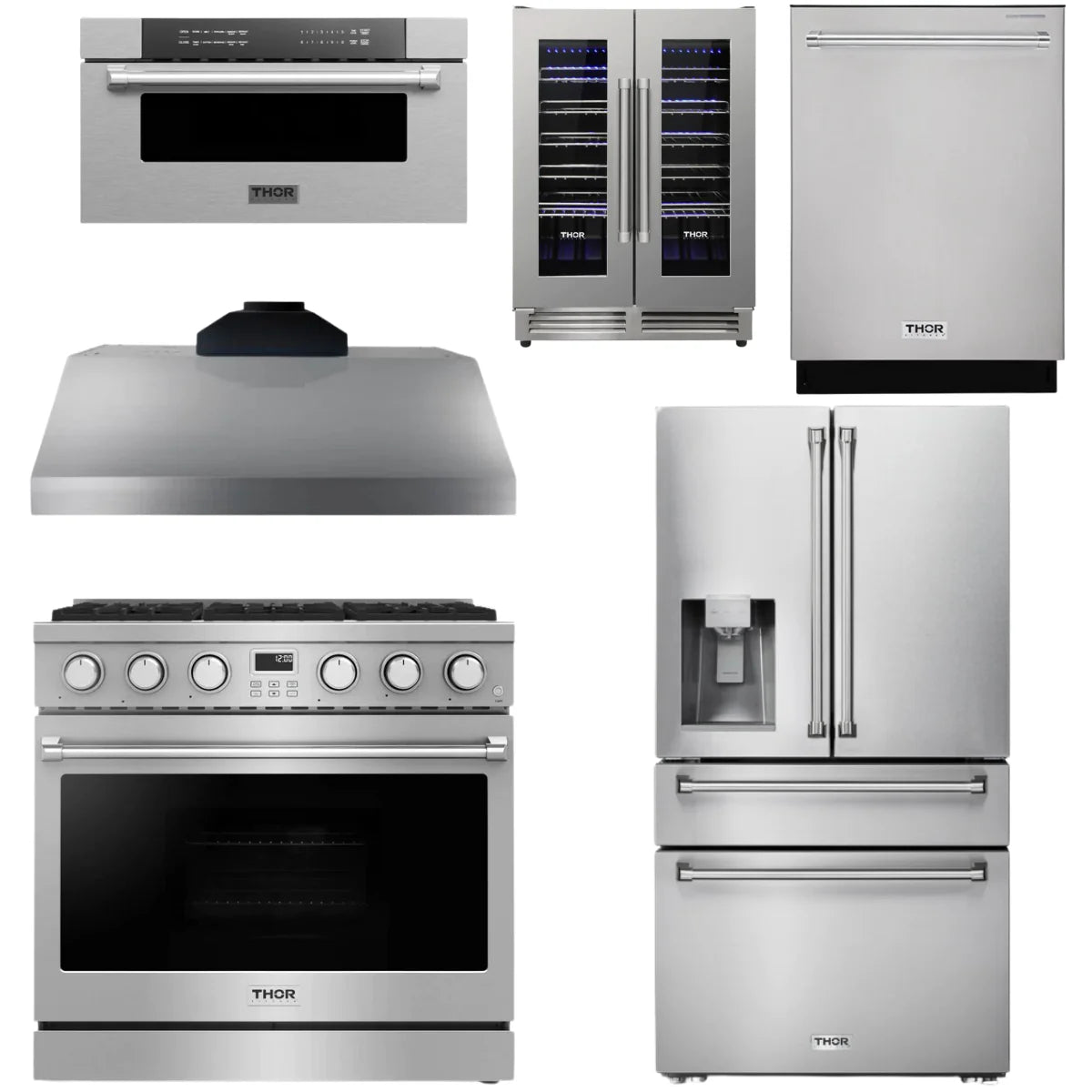 36 Gas Range, Range Hood, Refrigerator, Dishwasher, Microwave and Wine Cooler L7890