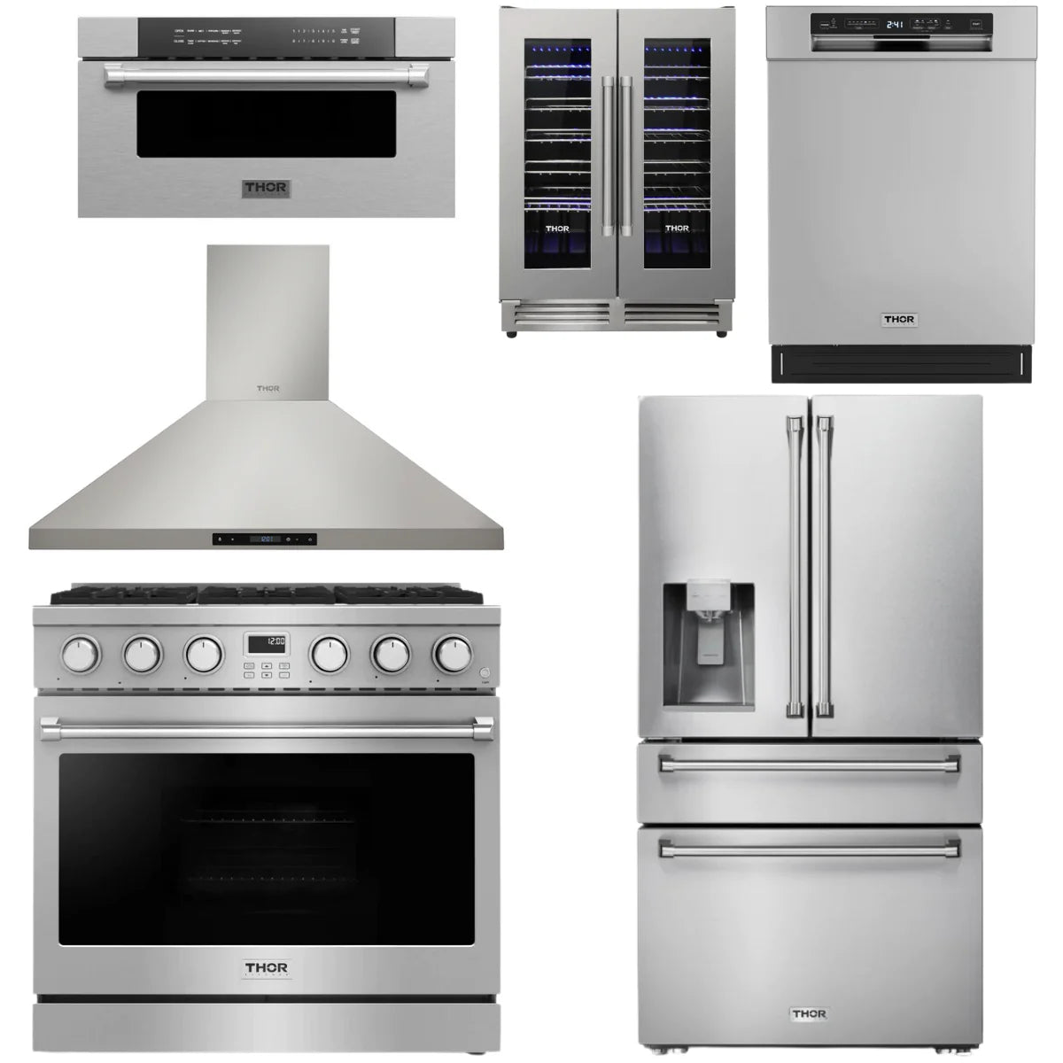 36 Gas Range, Range Hood, Refrigerator, Dishwasher, Microwave and Wine Cooler F54478
