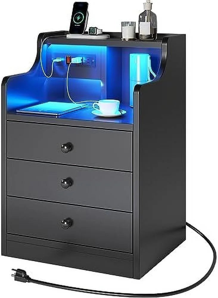 Grey Nightstand with Charging Station and 3 Drawers N476614