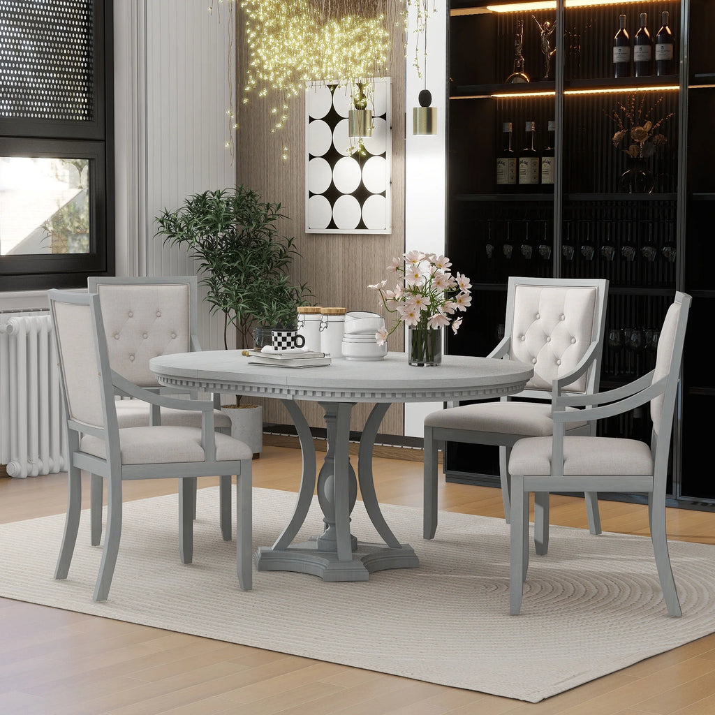 5 Piece Gray Wood Round Dining Table Set with 4 Upholstered Chairs X9355