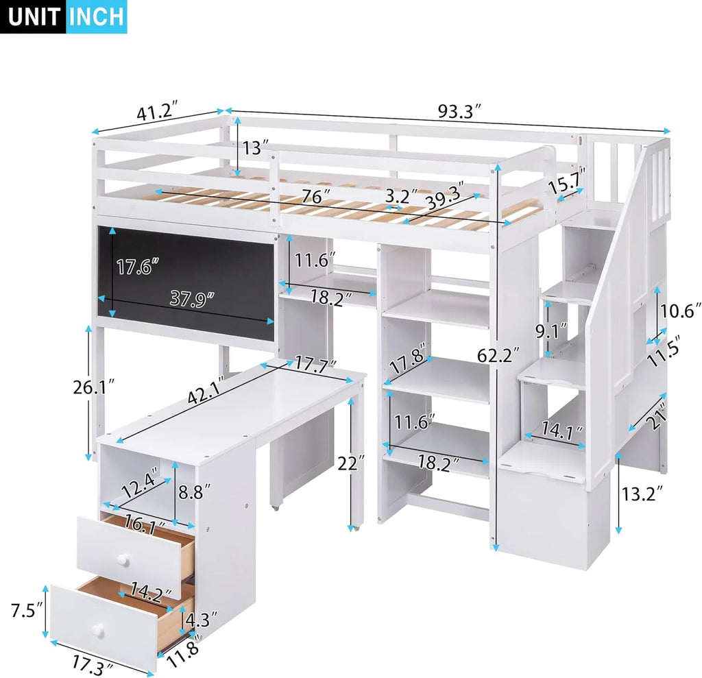White Wood Loft Bed with Desk Shelves Stairs J366076