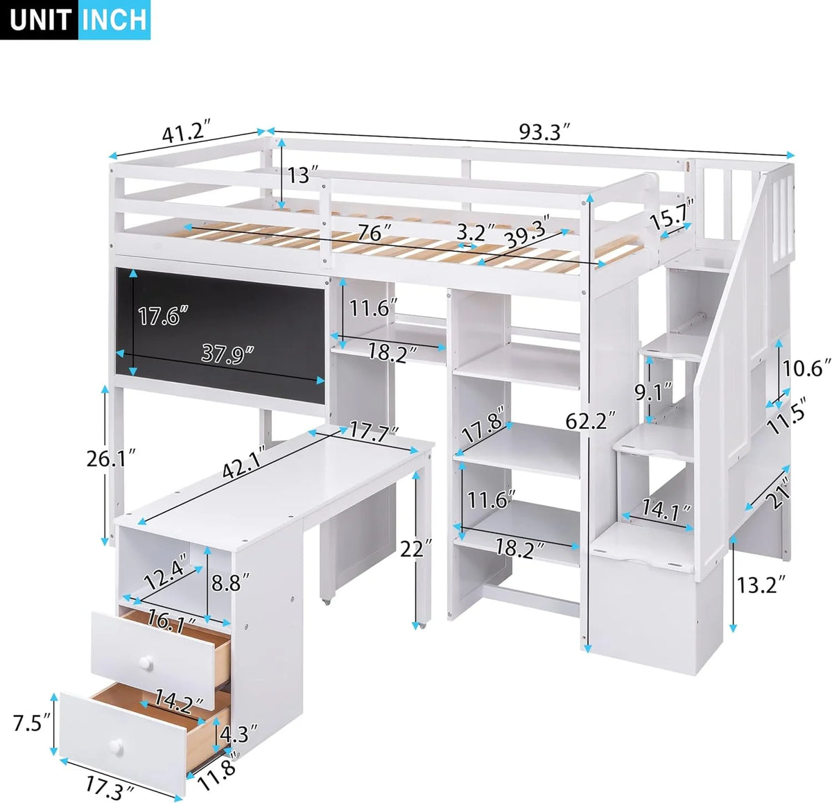 White Wood Loft Bed with Desk Shelves Stairs J366076