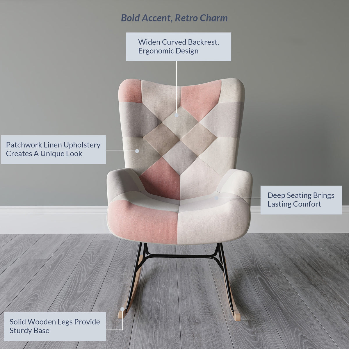 Colorful Patchwork Linen Tufted Rocking Chair with Solid Wood Legs K683