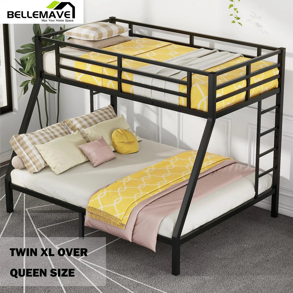 Black Twin XL over Queen Metal Bunk Bed with Ladder and Guardrails Y317