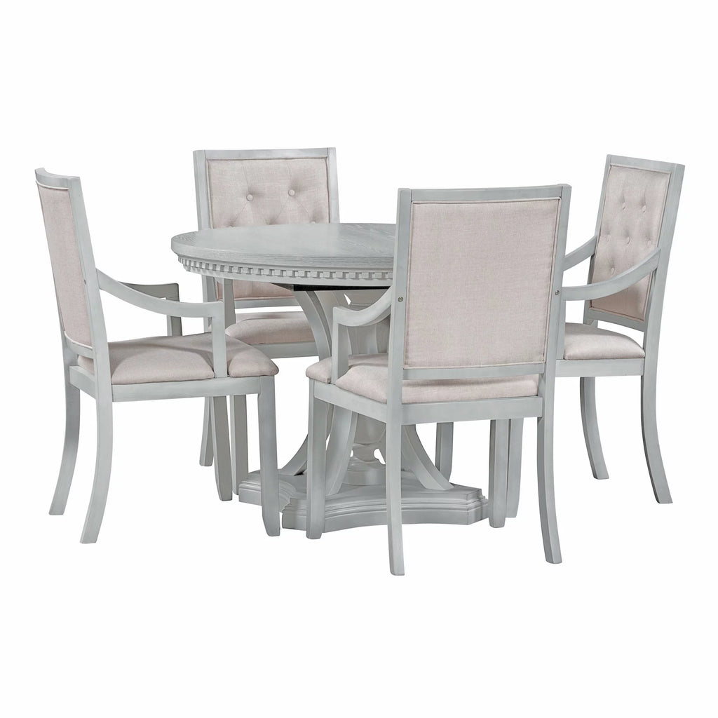 5 Piece Gray Wood Round Dining Table Set with 4 Upholstered Chairs X9355