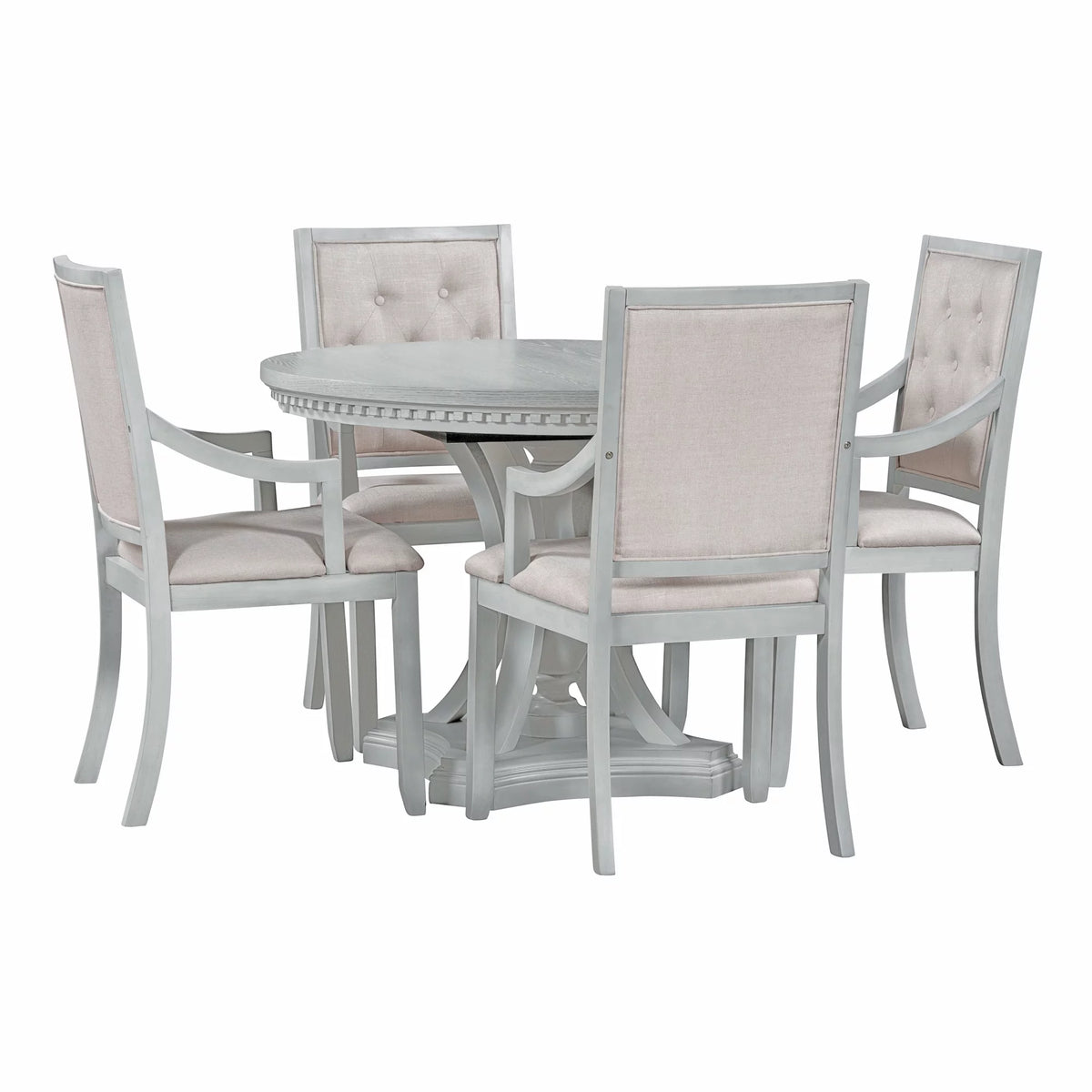 5 Piece Gray Wood Round Dining Table Set with 4 Upholstered Chairs X9355