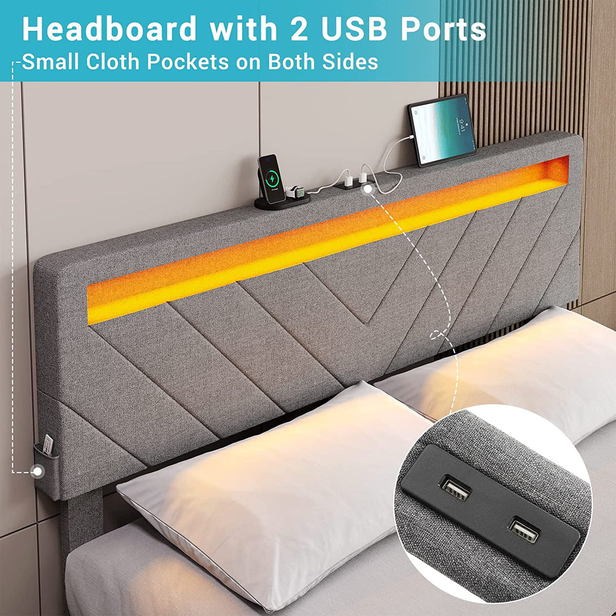 Queen Upholstered Bed Frame with 4 Storage Drawers and USB Charging Station T275