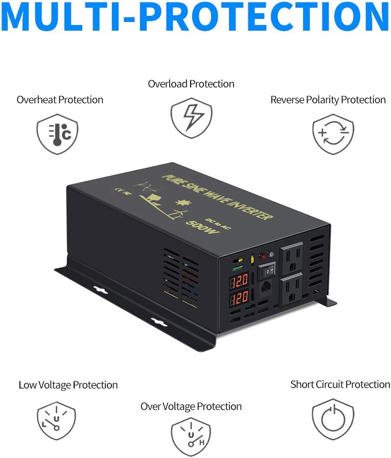 Pure Sine Wave 500W Power Inverter 12V to 110V AC Converter with Remote Controller T41201