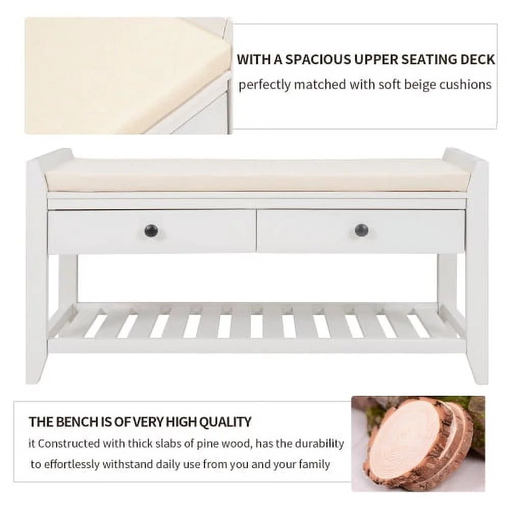 White Shoe Rack with Cushioned Seat and Drawers W176