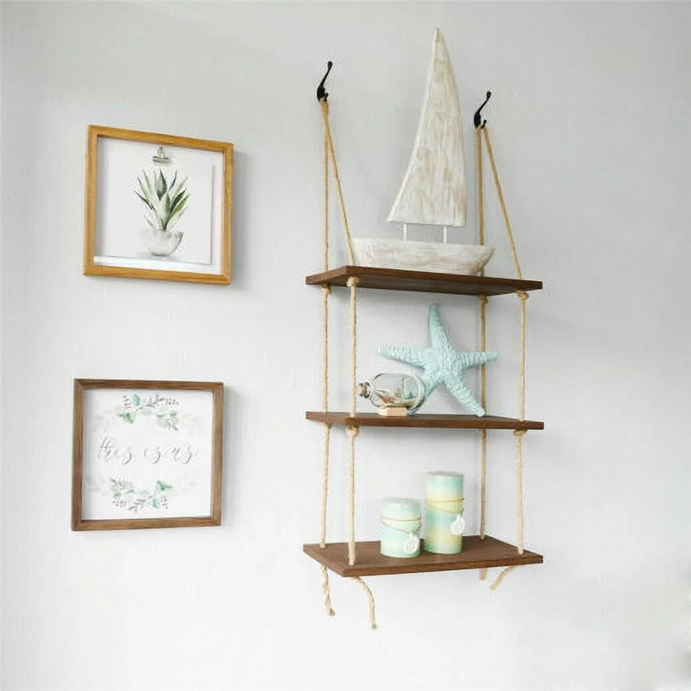 Rustic Wooden 3 Tiers Wall Hanging Rope Shelf Y340532