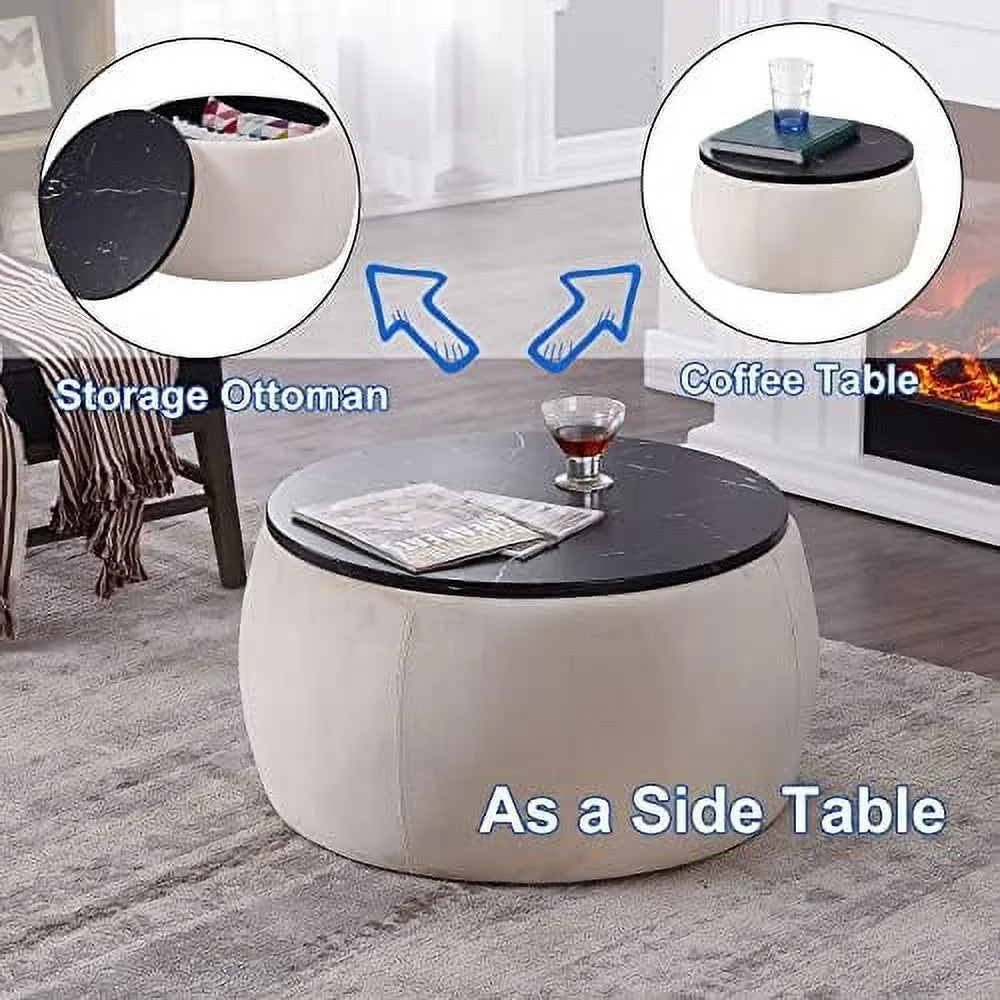 Round Ottoman Coffee Table with Wooden Lid Faux Marble Texture Top C22085