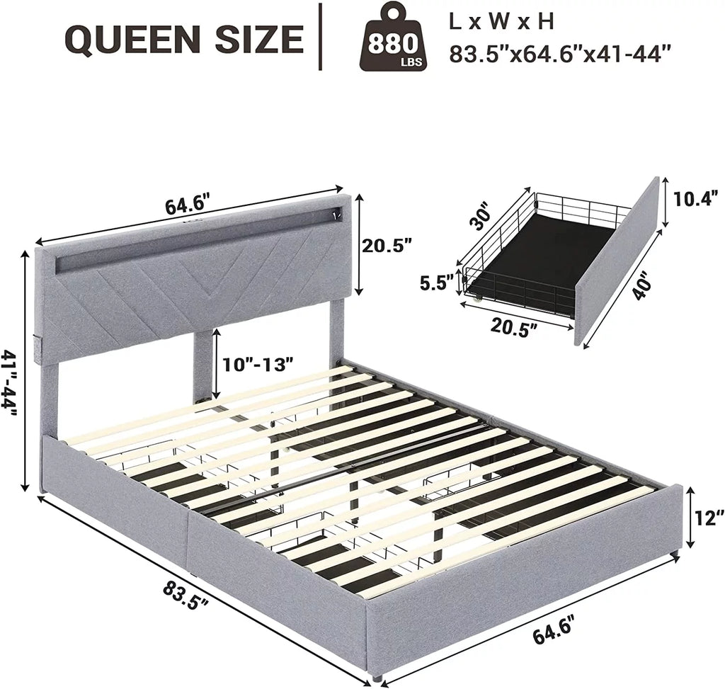 Queen Upholstered Bed Frame with 4 Storage Drawers and USB Charging Station T275