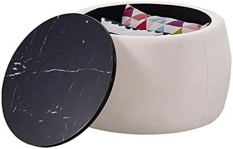 Round Ottoman Coffee Table with Wooden Lid Faux Marble Texture Top C22085