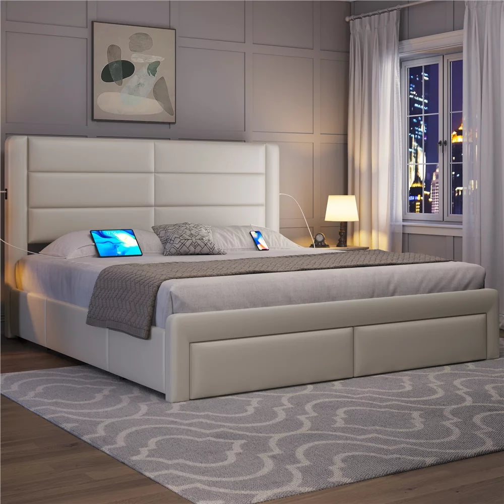 Beige Upholstered Platform Bed with 3 Storage Drawers and USB Ports I230821