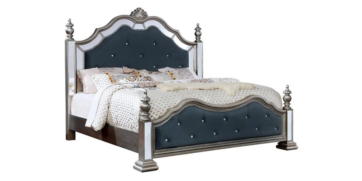 Black Silver Mirror Queen Poster Bed H8892