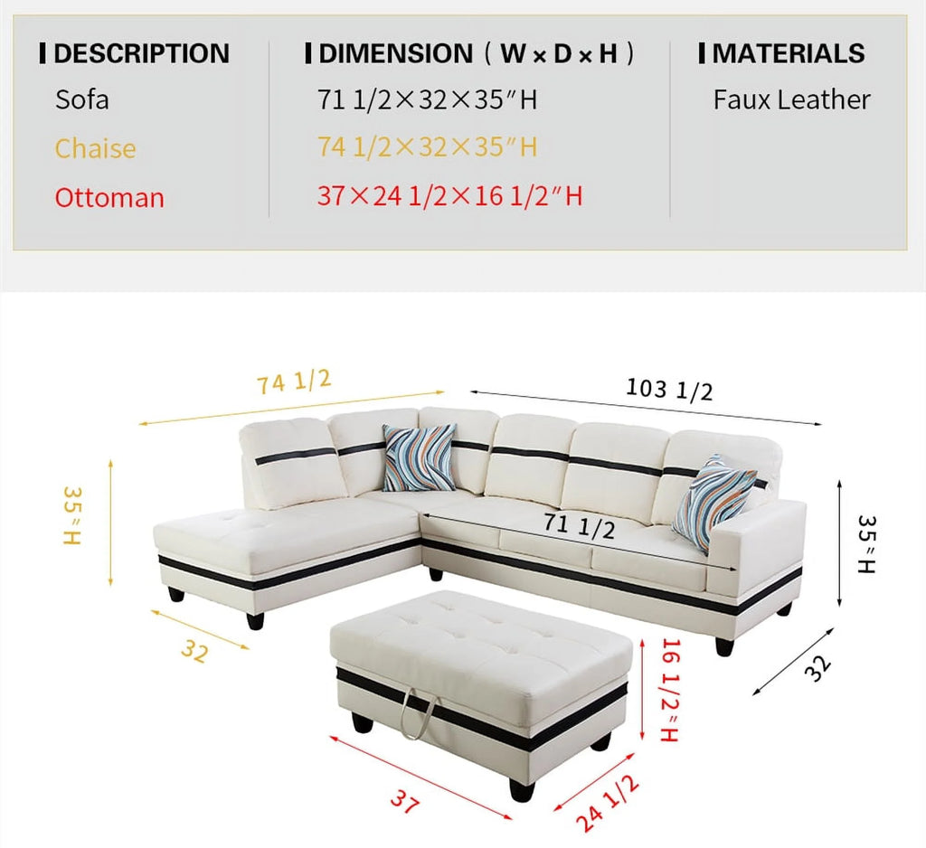 Leather Upholstered Sectional Sofa with Storage Ottoman S88736