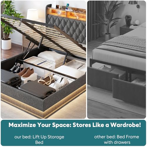 Queen Size Storage Bed Frame with Headboard and LED Lights E77318