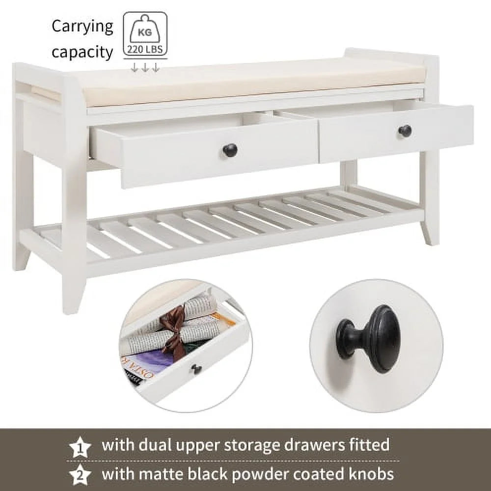 White Shoe Rack with Cushioned Seat and Drawers W176