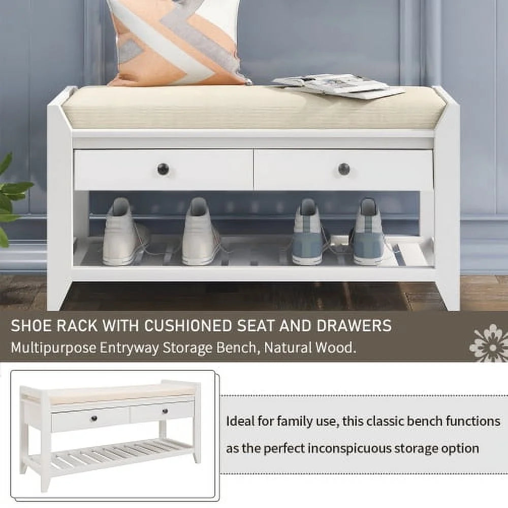 White Shoe Rack with Cushioned Seat and Drawers W176