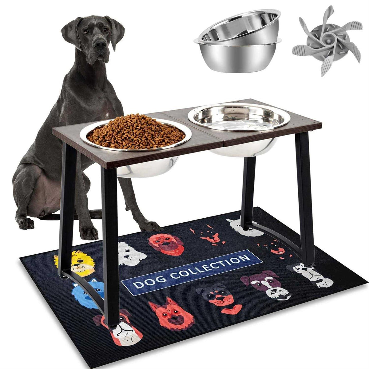 Elevated Dog Bowls with 2 X-Large Stainless Steel Bowls and Slow Feeder O3625