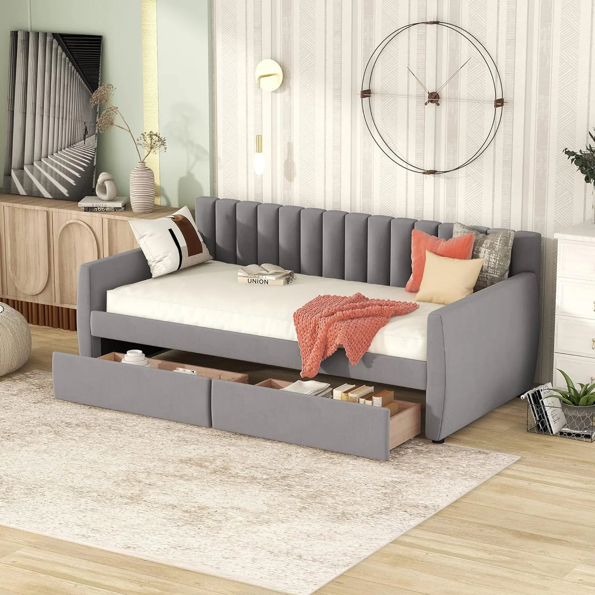 Velvet Gray Upholstered Daybed with 2 Storage Drawers D73124